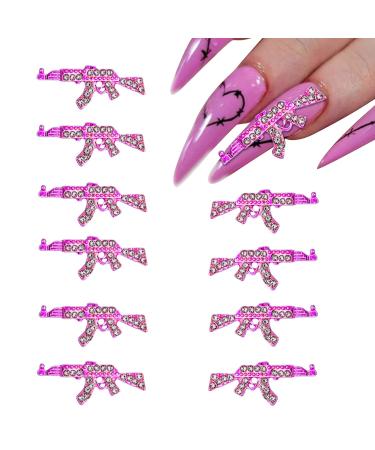 Punk Style Pink Gun Nail Charms 10PCS - 3D Metal Nail Decorations with Crystal Rhinestones for Acrylic Nails