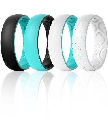 ThunderFit Silicone Wedding Bands for Women, Breathable 2 Layer - 5.5mm Wide - 1.5mm Thick Teal-Black, Black-Teal, White-Teal, Light Teal Glitter-White 6.5 - 7 (17.35mm)