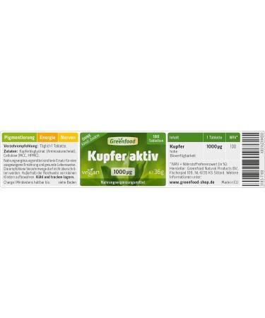Copper Active 1 000 g Tablets | Vegan High-Dose for Hair Skin Pigmentation & Energy | No Artificial Additives | 36g Pack - Boost Immunity & Metabolism - Buy Online on GoSupps.com