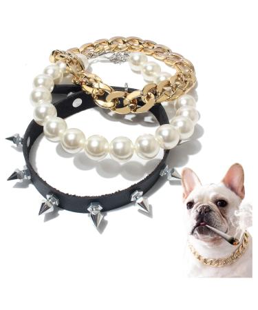 KOSMOS-LI Gold Link Chain Punk Pearl Necklace for Dogs Tiny Bling for Small Dog or Puppy - Lightweight Braided Metal Look - Fits Chihuahua, Yorkie, Mini Breeds - Cute Pet Jewelry and Accessories DOGNEK03-gold