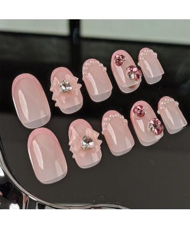IMSOHOT Oval Press on Nails - Pink Short French Tips with Bow Tie Charms & Rhinestones - 24Pcs Acrylic False Nails for Women & Girls - Buy Online on GoSupps.com