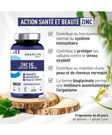 ZINC - GRANIONS - Zinc Bisglycinate 15 mg - Zinc Dietary Supplement - 2 Month Format - Zinc Biglycinate - Immunity Acne Face - Optimal Bioavailability - 60 Capsules - Buy Online on GoSupps.com