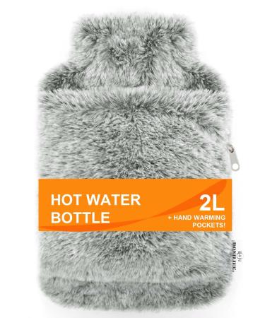 Bonilife Hot Water Bottle with Fluffy Cover 2L Large Rubber Hot Water Bag with Hand Warmer Pocket for Shoulder Back Period Pain Relief Hot Water Bottle for Kids Adult Men Women-GreyWhite