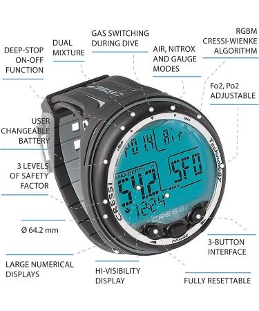 Cressi Giotto Dive Computer - 3 Dive Programs | AirNitroxGauge | Dual Gas | Backlit | Logbook | Ascent Alarms | Made in Italy - Black/Gray - Buy Online on GoSupps.com