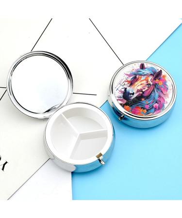 Small Travel Pill Case Round Metal Pill Box for Pocket Purse 3 Compartment Portable Pill Holder Mini Pill Organizer for Travel or Daily - Horse - Buy Online on GoSupps.com