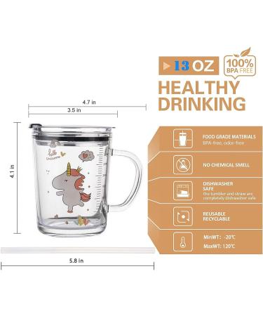 Fzy.bstim 400ml Glass Tumbler Milk Cup with Silicone Straw, Lid & Handle - Unicorn Design | Heavy Glass Water Mug with Scale for Kids & Adults - Buy Online on GoSupps.com