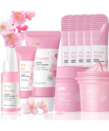 Skincare Gift Set for Teenage Girls Cherry Blossom Anti Aging Skin Care Sets & Kits Gifts for Women: Cleanser - Serum - Eye Cream - Cream - Mud Mask - Sleeping Mask Facial Kit for Hydrating Skin