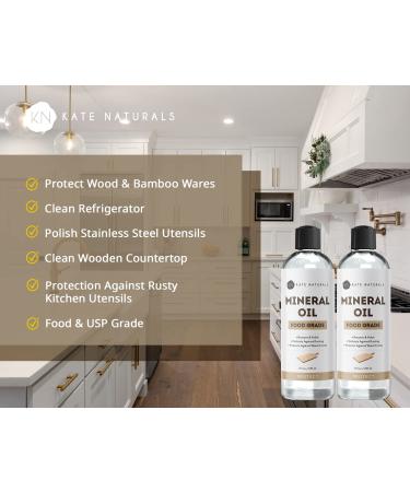 Kate Naturals Mineral Oil 2-Pack - 8oz for Cutting Boards & Kitchen Utensils - Food Grade, Food Safe Oil for Butcher Blocks, Stainless Steel & Wood - Buy Online on GoSupps.com