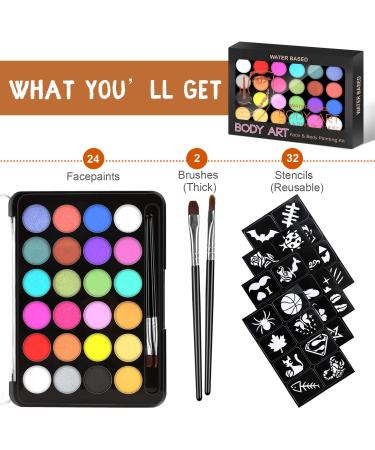 Kids Face Paint Kit - 32 Stencils, 24 Large Water Based Paints, 2 Brushes - Professional Quality, Hypoallergenic & Non-Toxic - Ideal for Halloween Parties - 24 Colors - Buy Online on GoSupps.com
