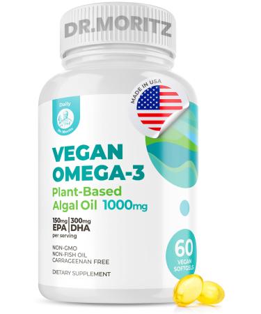 DR. MORITZ Vegan Omega-3 Softgels for Adults and Kids Made from Algae Oil with DHA EPA Small Algae Omega 3 Supplements Vegan 60 Count Vegan Omega - Soft gel 60 Count (Pack of 1)