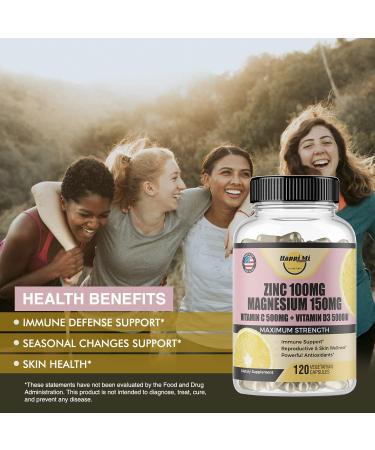 Happi Mi Nutrition Immune Support Supplement with Zinc 100mg, Magnesium Glycinate 150mg, Vitamin D3 5000 IU & Vitamin C 500mg - Antioxidant & Immune Booster Formula - Buy Online on GoSupps.com
