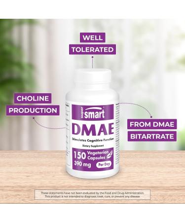 Buy Supersmart DMAE Supplement 390mg - Non-GMO Gluten Free - 150 Vegetarian Capsules for Choline Production - International Shipping Available - Buy Online on GoSupps.com