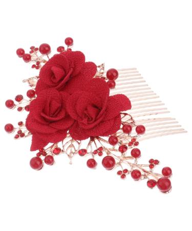 DOITOOL Red Rose Hair Clip Wedding Headpiece Hair Pin Hair Claw Clips for Women Flower Hair Clips Flower Hair Accessories Women Hair Accessories Bridal Headdress Comb Bride Chinese Style