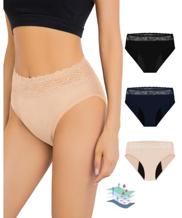 Leovqn Period Pants for Women Lace Trim Menstrual Underwear Heavy Flow Period Knickers Leakproof Postpartum Briefs S Black/Navy/Nude