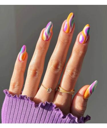 24 Pcs Press on Nails Medium, Luvehandicraft Stiletto Fake Nails with Glue, False Nails Glue on Nails for Women and Girls (Colorful Candy Swirl)