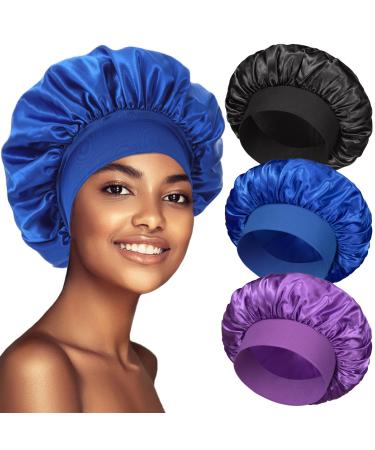 3 Pack Satin Bonnet Silk Bonnet for Sleeping Bonnets for Black Women Hair Bonnet for Sleeping Large Sleep Cap Wide Soft Band Bonnet for Curly Hair Set C