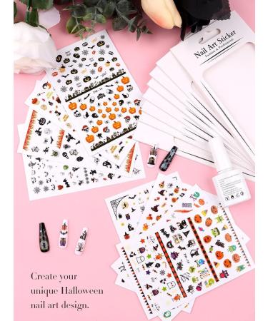 Kalolary Halloween Nail Art Stickers Decals 8 Sheets Self-Adhesive Nail Art Sticker Decals Pumpkin/Bat/Ghost/Witch/Skull Elements Nail Decorations for Halloween Party - Buy Online on GoSupps.com
