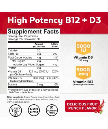 Vitamin B12 5000mcg & Vitamin D3 5000 IU Gummies | Fruit Punch Flavor | Energy & Immune Support | 60 Count - Buy Online on GoSupps.com