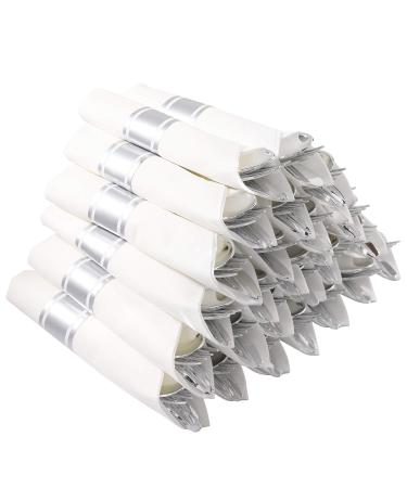 I00000 30 Pack Pre Rolled Napkins with Silver Plastic Cutlery Set, Premium Disposable Silverware, Includes: 30 Forks, 30 Knives, 30 Spoons, 30 Linen Like Napkins