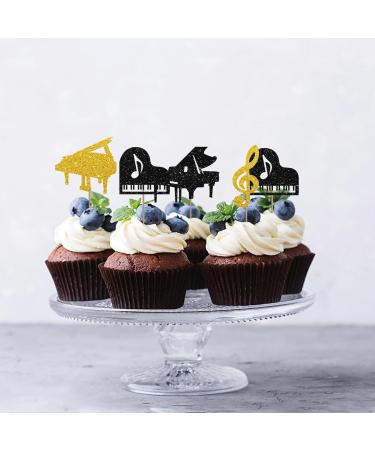 Set of 24 Piano Cupcake Toppers for Musician Birthday Black & Gold Glitter Piano Sign Cupcake Toppers Music Instrument Cake Decoration for Baby Shower/Wedding Party Supplies - Buy Online on GoSupps.com