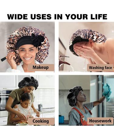 Satin Bonnet for Black Women - Large Silk Bonnet for Braids - Ideal for Sleeping - Stretchy Tie Band - Black & Leopard - Buy Online on GoSupps.com