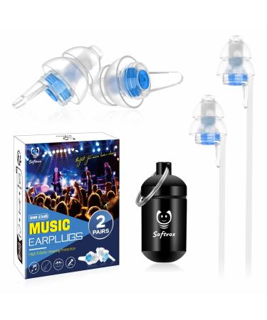 High Fidelity Concert Ear Plugs 2 Pairs Softvox Noise Reduction Music Earplugs for Musicians DJs Festival Raves Loud Noise - Hearing Protection for Adult/Kids Incl Connector Cord & Aluminum Case White+blue