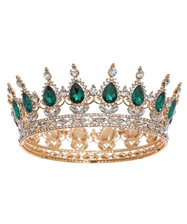 Yovic Baroque Wedding Crown Rhinestone Bridal Crown and Tiara Crystal Bride Crowns Costume Party Hair Accessories for Women and Girls(Gold+Green)