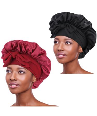 Satin Bonnet Silk Bonnet Hair Bonnet for Sleeping Bonnets for Black Women 2 Pack Tie Band Silk Bonnet for Curly Hair B Set B