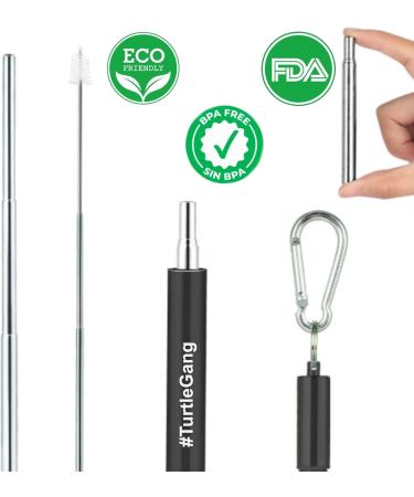 Collapsible Reusable Drinking Straw by Milgar - "Save the Turtles" Portable/Foldable Food Grade Stainless Steel Carabiner/Key Chain with Aluminum Case Adjustable Length Cleaning Brush - Black Color - Buy Online on GoSupps.com