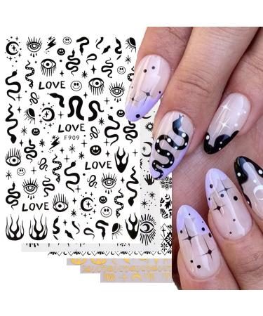 Gothic Nail Stickers for Easter  3D Self-Adhesive Black Gold Star Snake Moon Flame Nail Art Stickers  Evil Eye Nail Decals DIY Nail Accessories Acrylic Nail Decoration for Women Girls 6Sheets 3D Nail Stickers-2