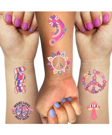 Hippies Temporary Tattoos 70's Love and Peace Summer Mixed Styles Tattoos Stickers Birthday Party Decorations Favors for Kids Girl Women Hand Wrist Body Art (79 Styles) Hippies 10A