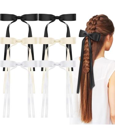 6Pcs Satin Ribbon Hair Bows for Women with Tassel Bowknot - Long Tail Hair Barrettes in White, Black, Beige - Buy Online on GoSupps.com