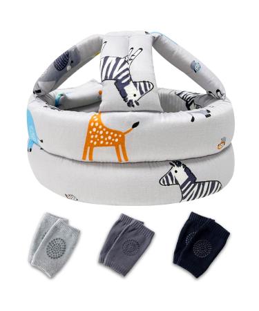 Huifen Baby Helmet for Crawling Walking, Baby Helmet with 3 Pairs Knee Pads, Soft Baby Helmet Infant Helmet, Toddler Head Cushion Bumper Bonnet for Baby Learning to Walk (Gray Zebra)