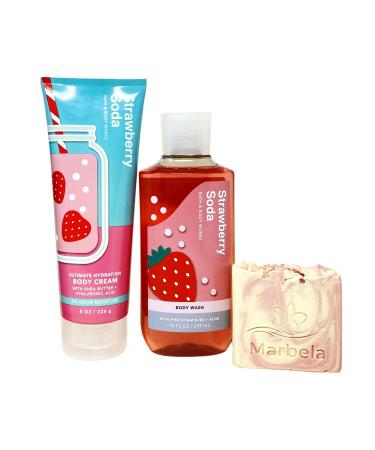 Bath & Body Works Strawberry Soda Body Wash and Body Cream Bundle with a Himalayan Salts Springs Bar Soap - Full Size