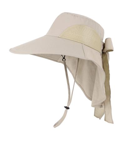 Toppers Womens Mens Sun Hat Rollable UPF 50+ Wide Brim Gardening Hat with Neck Flap Ponytail Bow_khaki