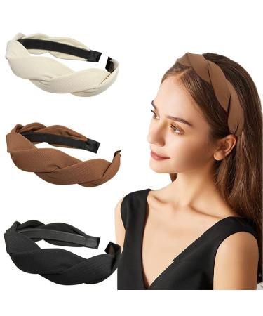 Nayyana 3 pieces of fashionable solid headbands for women and girls wide braided headband fabric hair straps with tooth 3 cm non-slip hair ripe accessories 3 colors Style 1 - Buy Online on GoSupps.com