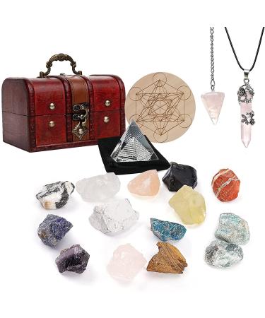 Soulnioi 18pcs Natural Crystals and Healing Stones Kits: 14PCS Raw Chakra Stones Rose Quartz Necklace and Pendulum Crystal Pyramid for Beginners Wicca Reiki Yoga Meditation 18 Pcs