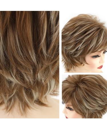 Short Brown Curly Wig with Blonde Highlights - Layered Synthetic Pixie Cut Wavy Wig for White Women - Ideal for Daily & Party Wear - Buy Online on GoSupps.com