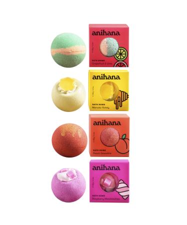 ANIHANA Bath Bomb Melt | Variety Pack - Raspberry Marshmallow Manuka Honey Peach Smoothie Grapefruit & Lime | Relaxing Aroma & Hydrating with Coconut Oil (Pack of 4)
