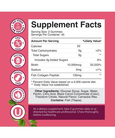 Hair Skin and Nails Gummies for Women - Extra Strength Biotin and Collagen Gummies for Women Hair Skin Nails Support - Non-GMO Kosher Marine Collagen Biotin 10000mcg per serving (45 Days) - Buy Online on GoSupps.com