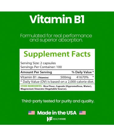 Healthfare Vitamin B1 (Thiamine) 500mg | 200 Vegan Capsules | Extra Strength High Potency Supplement | Supports Energy & Nervous System | Non-GMO Gluten-Free | Made in USA 200 Count (Pack of 1) - Buy Online on GoSupps.com