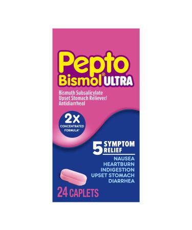 Pepto Bismol Ultra Caplets, 2X Concentrated Formula*, Upset Stomach Relief, Bismuth Subsalicylate, Multi-Symptom Relief of Gas, Nausea, Heartburn, Indigestion, Upset Stomach, Diarrhea, 24 Caplets