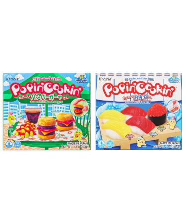 Kracie Popin' Cookin' DIY Candy Making Kit (2) Package Variety Bundle with BIG MAPLE Trivia Cards to Enjoy While Snacking. Flavours include Tanoshi Sushi & Hamburger. Fun Kids Snack
