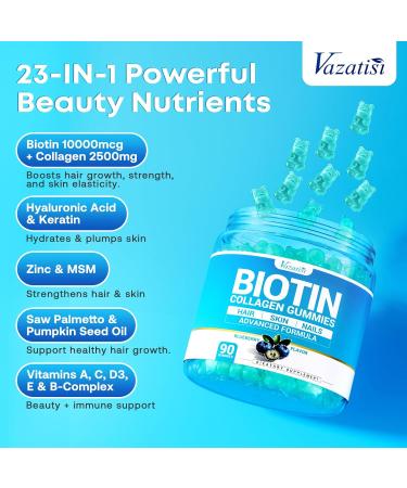 Biotin Gummies 10 000mcg with Collagen - 23-in-1 Hair Growth Gummies for Women & Men - Hair Skin and Nails Gummies with Keratin & Saw Palmetto - Sugar Free Non-GMO Blueberry 90 Count 90 Count (Pack of 1) - Buy Online on GoSupps.com