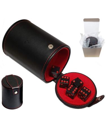 Set of Dice Cup with Storage Compartment Black PU Leather Red Felt Lined + (5) 16mm Tranparent Dice (Gift Boxed) (Smoke/Red)