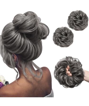 SARLA 2PCS Messy Hair Bun Hair Piece Small Scrunchies Synthetic Bun Hairpieces for Women Girls Updo Hair Extensions (Dark Grey) Dark Grey-2PCS