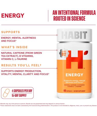 Habit Energy Supplement (60 Capsules) - New Look, Supports Energy, Alertness and Focus, Natural Caffeine, Vitamins B & C, Green Tea Extract, Vegan, Non-GMO (1 Pack) - Buy Online on GoSupps.com