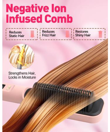 Ion Hair Straightener Brush - 5 Temp LCD Display Fast Heat Anti-Scald Ceramic Comb for Frizz-Free Hair - Pink - Buy Online on GoSupps.com