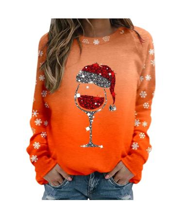 Yihaojia Christmas Tops for Women Holiday Sweatshirt Red Wine Glass Santa Hat Graphic Sweater Long Sleeve Xmas Gift Pullover Orange 3X-Large