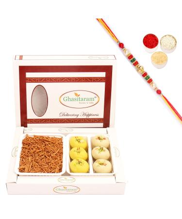 Ghasitaram Gifts Rakhi Gifts for Brothers Rakhi Sweets - Box of Suagrfree Mawa Peda and SOYA Sev with Beads Rakhi